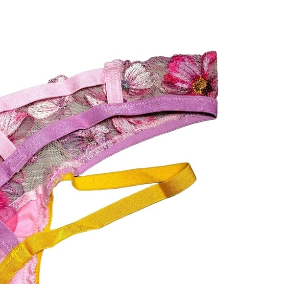 For Love & Lemons Floral Pink/Purple Satin Thong Panties US XXS - Picture 8 of 10